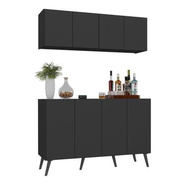 Imagem de Kit Bar Armário Aéreo E Aparador 4 Portas Retrô Multimóveis Mp1086 Preto Preto
