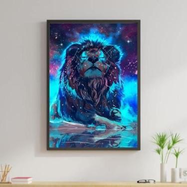 Imagem de Quadro Leão Galáxia 45X34Cm Com Vidro Moldura Preta - Quadros On-Line