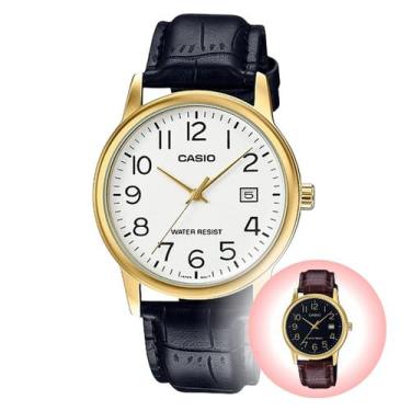 Imagem de Relógio de Pulso Casio Social Masculino Dourado Pulseira de Couro Pret