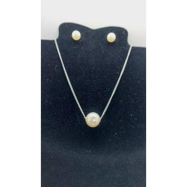 Imagem de Colar E Brinco Aço inox Feminino De Pérola 45cm Prata - ASA
