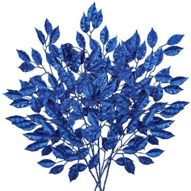 Imagem de 65 cm de folhas de glitter azul de Natal caules, 5 peças de folhas artificiais em spray de folhas altas para árvore de Natal, faça você mesmo, guirlanda de Natal, arranjo de vaso buquês, centro de