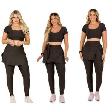 Imagem de Kit 3 Conjuntos Fitness Moda Evangélica Calça Legging Saia Com Bolso e Top Cropped The...