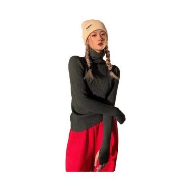 Imagem de Suéter Feminino De Tricô Gola Alta Slim Fit Quente De Inverno Cor Sóli