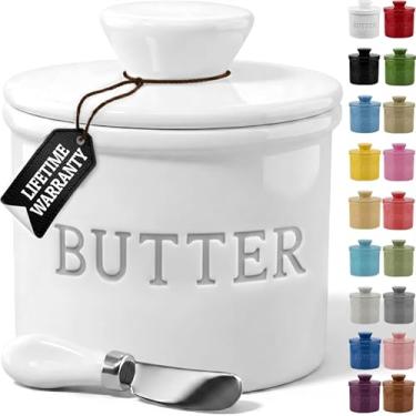 Imagem de Pote de manteiga PriorityChef para balcão com linha de água para espalhar manteiga, manteigas de cerâmica, prato de manteiga francesa com tampa, branco