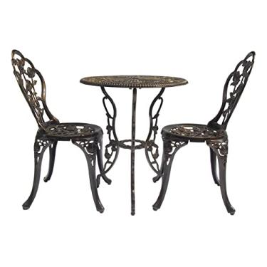 Imagem de Conjunto de mesa de bistrô, móveis de pátio ao ar livre Conjunto de 3 peças de alumínio fundido resistente à ferrugem, mesa e cadeiras de jardim com design de rosa, móveis com orifício para guarda-chuva (bronze)