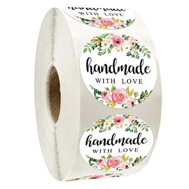 Imagem de Adesivos florais feitos à mão com amor, feitos em casa com adesivos de amor, 500 adesivos redondos adesivos, adesivos de embalagem, perfeitos para assar, projetos de artesanato, decoração de embalagem de presente.