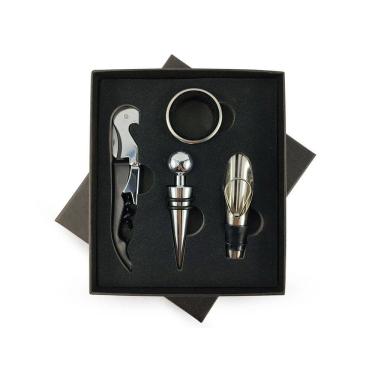 Imagem de Kit Acessórios De Vinho Estojo 4 Peças Dosador Saca Rolha Tampa Anel Garrafa Profissional Linha Luxo