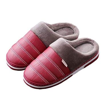 Imagem de Chinelo de algodão outono/inverno, sapatos femininos de algodão de couro para amantes espessamento interno PU couro chinelos domésticos masculino 39 vermelho