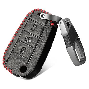 Imagem de CSHU Couro remoto masculino feminino com 3 botões porta-chaves porta-chaves para carro, adequado para Peugeot 3008 208 308 508 408 2008