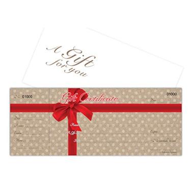 Imagem de Cartões de Certificados de Presente em Branco com Envelopes Conjunto de 25 com Stub - Fita Vermelha com Bolinhas no Kraft Image Backgound - Cupons de Presente, Vouchers para Feriados, Natal, Salão, Restaurante, Pequeno Negócio
