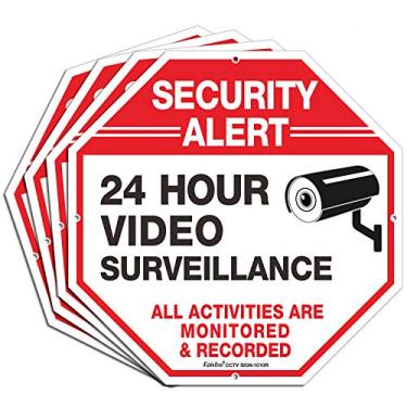 Imagem de (Pacote com 4) Sinais "Alerta de Segurança, vigilância de vídeo 24 horas, todas as atividades monitoradas", Placa de aviso refletiva de alumínio 25 x 25 cm 0,040 para câmera de segurança CCTV de negócios em casa, uso interno ou externo