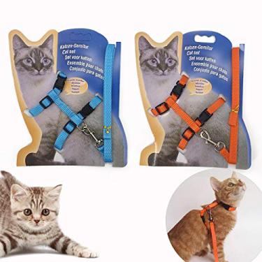 Imagem de Gizhome Pacote com 2 chicotes ajustáveis para gatos e coleira com alça de nylon para gatos, laranja e azul claro