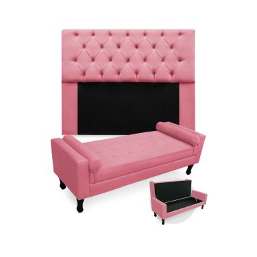 Imagem de Kit Cabeceira Estofada Mirage E Recamier Baú Fenix King 195 cm Suede Rosa Barbie - LM DECOR