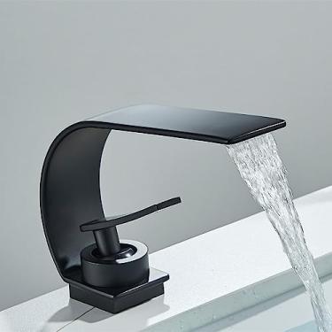 Imagem de Torneira de pia de banheiro de estilo fino Misturador de água quente fria Torneira de pia de vaso montada em cascata, preto fosco A, tamanho único