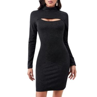 Imagem de Camisa Feminina Cut Out Front Mock Neck Bodycon Dress (Color : Black, Size : Tall S)