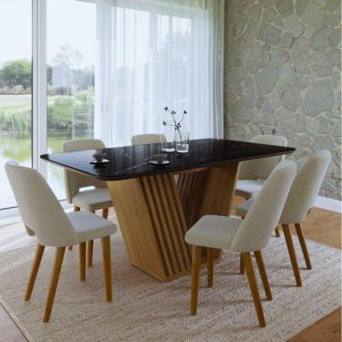 Imagem de Conjunto Mesa Tampo Marmorizado Vidro com 6 Cadeiras Malta Ibiza Yescasa Preto Marmorizado/Bege