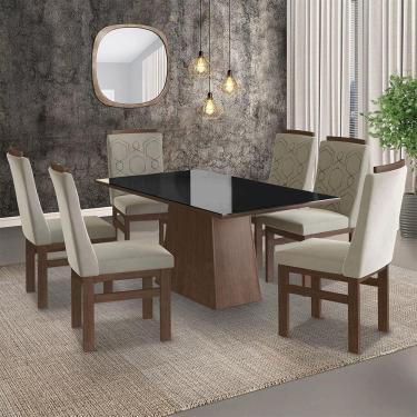 Imagem de Conjunto Sala de Jantar Mesa 90x160cm Tampo Vidro com 6 Cadeiras Madeira Maciça Tecido Joli Zamarchi Marrom/Preto