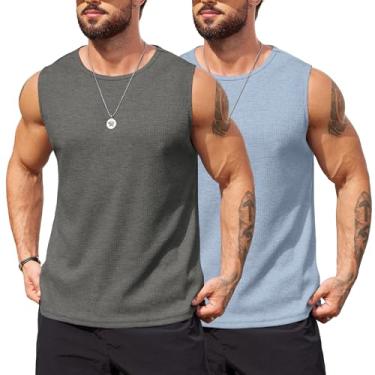 Imagem de COOFANDY Camisetas masculinas casuais de verão sem mangas camisetas de malha waffle camisetas regatas de praia, Azul claro/cinza escuro, GG