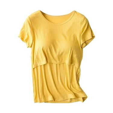 Imagem de Camiseta feminina de malha canelada de cor sólida manga curta gola redonda Camiseta de amamentação, Amarelo, XXG