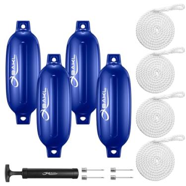 Imagem de OBAKL Pacote com 4 para-lamas para barco, 4,5 x 40,6 cm com nervuras de olhos gêmeos, para-lamas de barco para ancoragem, vem com cordas e bomba para inflar (azul)