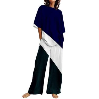 Imagem de Conjunto de duas peças de linho feminino casual de verão plus size, camisas de manga curta, tops grandes, algodão, pernas largas, conjunto de roupa de descanso, Za1 - preto, X-Large