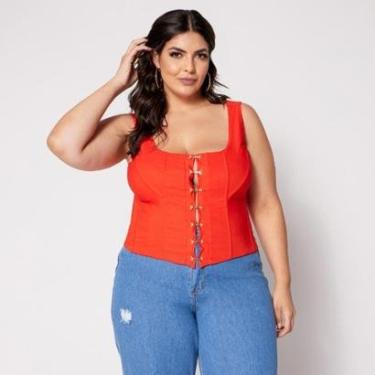 Imagem de Blusa Cropped Plus Corset com Colchetes e Bojo Laranja-Feminino