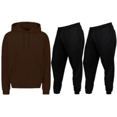 Imagem de Conjunto De Moletom Blusa de Frio Abrigo Canguru Com Capuz Colorida e 2 Calças Lisas Preta-Masculino