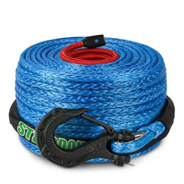 Imagem de STEGODON Kit de corda de guincho sintético de 3/8" x 30,5 m, cabo de linha de guincho de 10,799 kg com manga protetora e gancho de guincho forjado resistente para 4WD off-road caminhão Jeep SUV (azul)