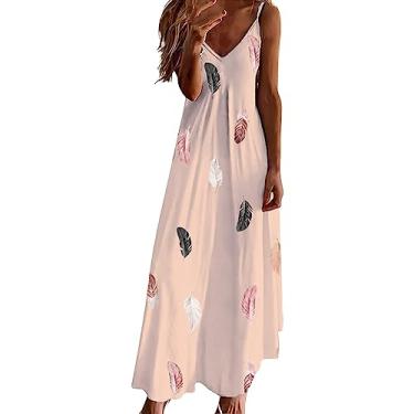 Imagem de Lainuyoah Vestidos de verão elegantes para mulheres 2024 decote em V alças finas vestido maxi rodado boho tie dye verão franzido vestidos sling, F-rosa, XXG