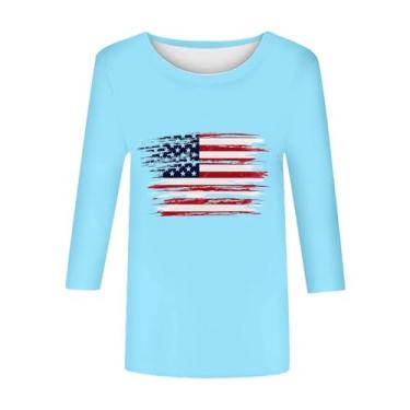 Imagem de Camiseta feminina EUA Star Stripes bandeira de 2024 manga curta confortável verão americano tamanho 12 blusas para mulheres, Azul-celeste, G