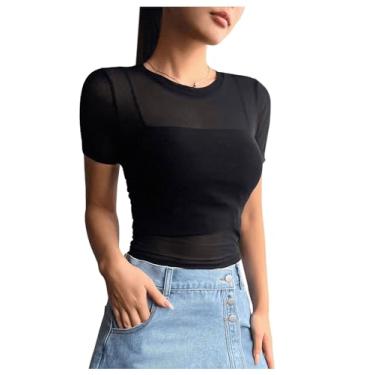 Imagem de SweatyRocks Camisetas femininas de malha transparente, gola redonda, manga curta, caimento justo, Preto, G