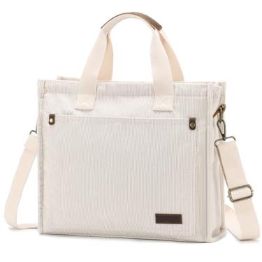 Imagem de VASCHY Bolsa feminina de veludo cotelê, casual, resistente, com alça superior e bolsos com zíper, bolsa de ombro transversal, Bege, One Size