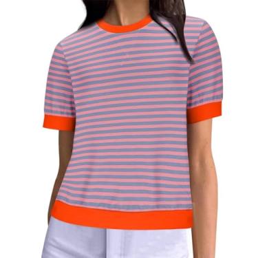 Imagem de Camisetas femininas listradas estampadas de verão manga curta gola redonda túnica casual solta básica leve blusas modernas, Laranja, G