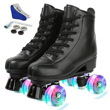 Imagem de Patins YYW para mulheres e homens, couro PU de cano alto clássico de duas fileiras, patins para uso interno e externo para iniciantes, uma bolsa de sapatos (flash Wheel, 45)