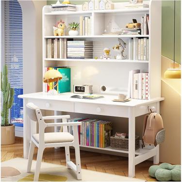 Imagem de Mesa de estudo simples de madeira maciça com estante integrada, ideal para uso em home office ou quarto, branca + cadeira, 100x60x190cm