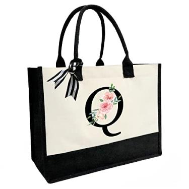 Imagem de JOJHDR Sacola de praia de lona inicial com letra impressa, presentes personalizados para mulheres, mães, amigos, professores e damas de honra, Bq, Small