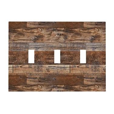 Imagem de Tábua de madeira rústica marrom 3 entradas interruptor de luz triplo tampa de placa de parede decorativa placa frontal elétrica para porta de celeiro rústica casa sala de estar decorar 17 cm x 4,8 cm