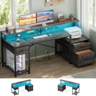 Imagem de Aheaplus Mesa de computador com 3 gavetas, mesa de escritório doméstico com gaveta de arquivos e tomada elétrica, mesa de jogos de 149 cm com luzes LED, mesa de trabalho com prateleiras de