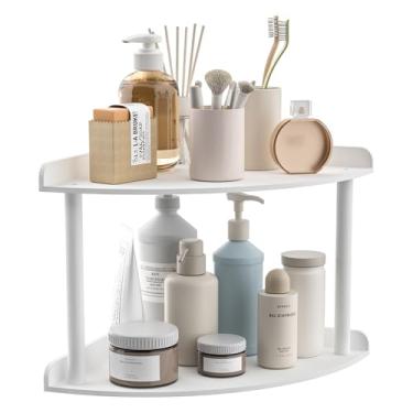 Imagem de Sezanrpt Organizador de prateleira de canto de acrílico de 2 camadas, 24 x 23 x 20 cm, prateleira de canto de bancada branca para banheiro, cozinha, quarto, escritório, sala de estudo