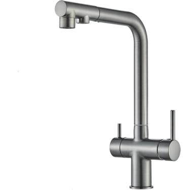 Imagem de Torneira de pia de cozinha filtrada com puxador para baixo 2 alças 3 em 1 filtro de água purificador torneira de água potável, pistola cinza