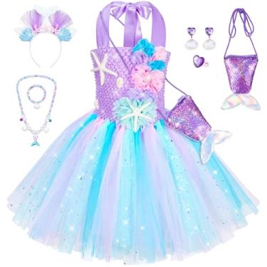 Imagem de Topney Vestido tutu de sereia para meninas - Fantasia de princesa sereia Ariel com acessórios, Roxo claro, 3-4 Years