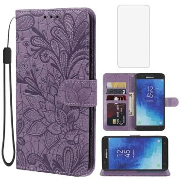 Imagem de Gufuwo Capa para Galaxy J7 2018/J7 Refine/J7 V 2ª geração/J7 Aero/J7 Aura Capa carteira com protetor de tela de vidro temperado, capa flip de couro com suporte para cartão de crédito para Samsung