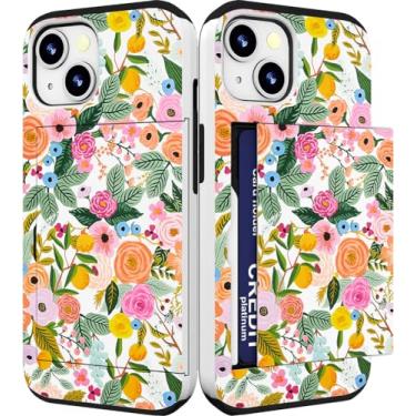 Imagem de IWONE Capa compatível com iPhone 14/15 Plus fofa com porta-cartões Slim Slot Phone 14/15 Plus capa carteira para mulheres/rosa adorável flores folhas padrão verão natural criativo