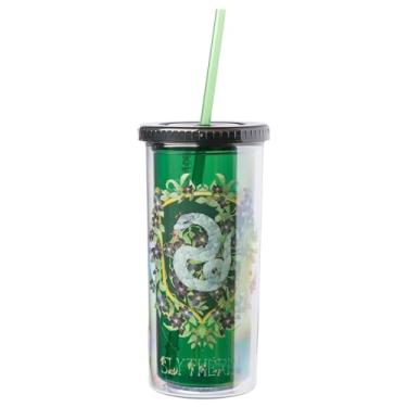 Imagem de Silver Buffalo Copo alto e frio de plástico com brasão floral da Sonserina Harry Potter com tampa e canudo, 590 ml