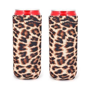 Imagem de 2 peças de suporte de cerveja fina de neoprene para lata de refrigeração de lata de cerveja de alta qualidade, suporte dobrável, sacos para refrigerador de cerveja para bebidas e cerveja de 340 ml, Leopard