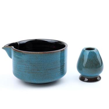 Imagem de PUNNIO Tigela Matcha japonesa, tigela Matcha cerimonial vitrificada com suporte para batedor para Matcha em pó/chá Matcha/Matcha japonês (azul (com bico))