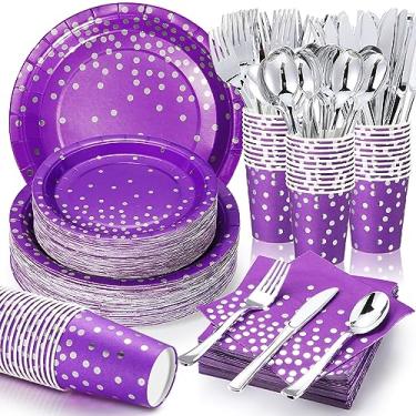 Imagem de Sieral 560 peças de suprimentos de festa roxos e prateados para 80 convidados, kits de jantar descartáveis com pratos de papel, guardanapos, copos, garfos de plástico, facas e colheres para formatura,