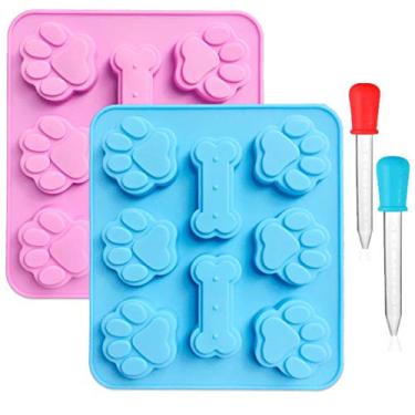 Imagem de Pacote com 2 moldes de silicone com estampa de pata de cachorro e formato de osso de cachorro, 2 conta-gotas líquidos transparentes graduados, 8 cavidades, formas de gelo reutilizáveis para assar biscoitos e doces