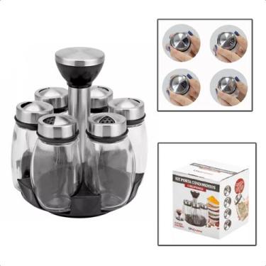 Imagem de Kit Porta Condimento Tempero 6pçs Vidro Inox Base Giratória - UnyHome