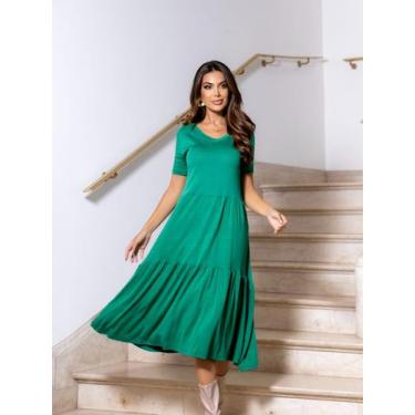 Imagem de Vestido Midi Soltinho Casual  Manga Curta Gola Redonda - Gisele Freita